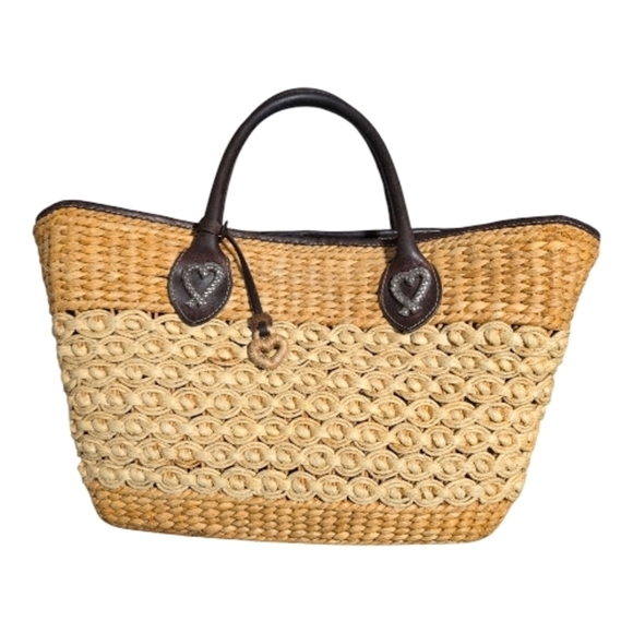 Vintage Brighton Woven Straw Beige & Brown Leather Shoulder Tote Bag - Picture 10 of 11